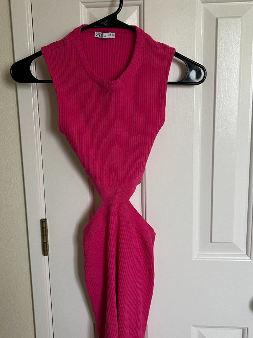 ZARA Women Hot Pink Fuchsia Ribbed Cutout Midi Dress, Size S